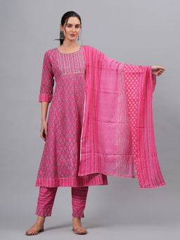Gahan - Womens Pink Cotton Fabric Anarkali Kurta with Pant & Dupatta