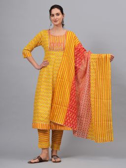 Gahan - Womens Yellow Cotton Fabric Anarkali Kurta with Pant & Dupatta