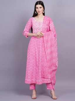 Gahan - Womens Pink Cotton Anarkali Kurta with Pant & Dupatta