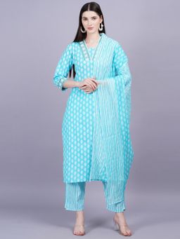 Gahan - Womens Sky Blue Cotton Kurta with Pant & Dupatta