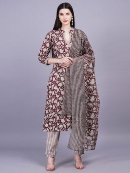 Gahan - Womens Wine Cotton Kurta with Pant & Dupatta