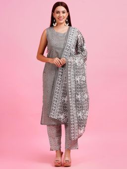 Gahan - Womens Grey Cotton Kurta with Pant & Dupatta
