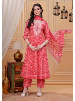 Gahan - Womens Red Cotton Round Calf Length Anarkali Kurta with Pant & Dupatta