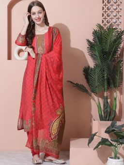 Stylee LIFESTYLE - Coral Muslin Embroidered Dress Material (Set of 3)