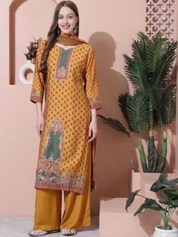 Stylee LIFESTYLE - Mustard Muslin Embroidered Dress Material (Set of 3)