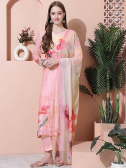 Stylee LIFESTYLE - Pink Muslin Digital Printed Dress Material (Set of 3)