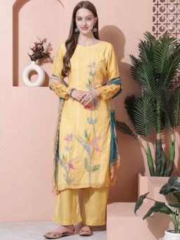 Stylee LIFESTYLE - Yellow Muslin Digital Printed Dress Material (Set of 3)