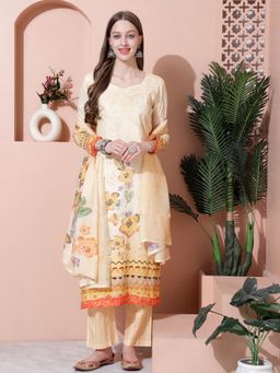 Stylee LIFESTYLE - Yellow Cotton Digital Printed Dress Material (Set of 3)