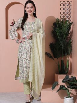 Stylee LIFESTYLE - Green Cotton Digital Printed Dress Material (Set of 3)