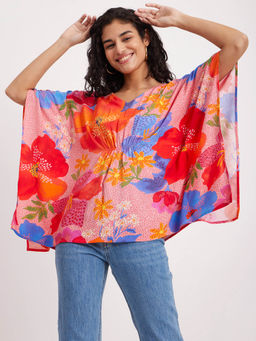 Pink Fort - Floral Kaftan Style Top Multi-Color