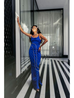 Lea Clothing - Annette Sapphire Blue Satin Rhinestone Dress