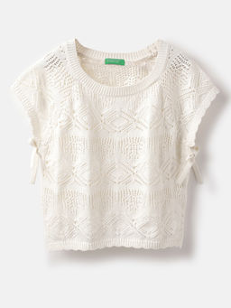 United Colors of Benetton - White Regular Fit Round Neck Self Design Top