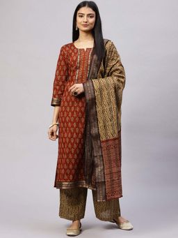 Biba - Red Cotton Unstitched Suit Set (Set of 3)
