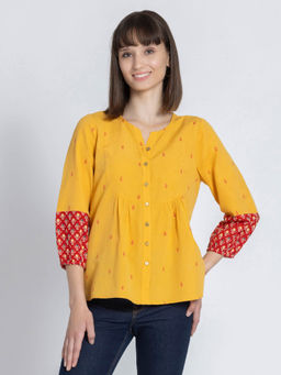 SHAYE - Round Neck Yellow Self Design Kurti