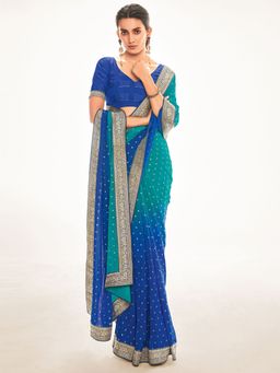 Odette - Womens Silk Blend Teal blue Embellished Saree with Unstitched Blouse