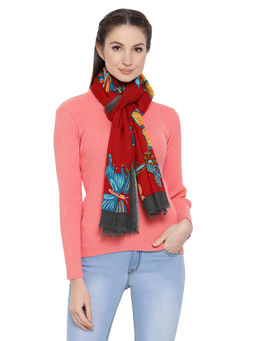 Shingora - Red Pure Wool Printed Fringed Women Shawl