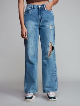 Twenty Dresses by Nykaa Fashion - Cindy Light Blue Distressed Wide Leg Denim Jeans