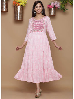 Juniper - Baby Pink Ethnic Motif Printed Rayon Tiered Maxi Dress with Mirror Work Embroidery