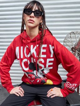 Bewakoof - Heavy Duty 1.0 Disney Women's Red Mickey Mouse Graphic Printed Oversized Hoodies