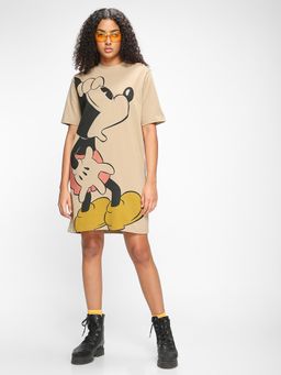 Bewakoof - Official Disney Women's Brown Mickey The Original Graphic Printed Oversized T-shirt Dress