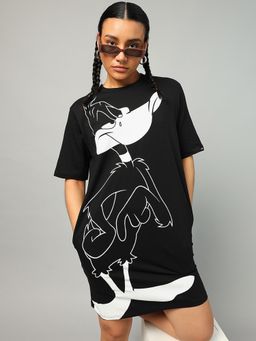 Bewakoof - Official Looney Tunes Women's Black Daffy Graphic Printed Oversized Dress