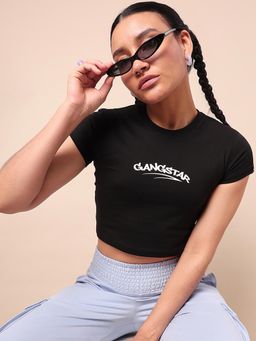 Bewakoof - Women's Black Gangstar Typography Slim Fit Short Top