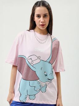 Bewakoof - Official Disney Women's Pink Dumbo Graphic Printed Oversized T-shirt