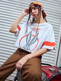 Bewakoof - Heavy Duty 1.0 Looney Tunes Women's Blue Round in Bugs Graphic Printed Oversized Short Top