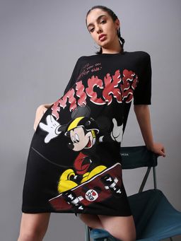 Bewakoof - Heavy Duty 1.0 Disney Women's Black Mickey Graphic Printed Oversized T-shirt Dress