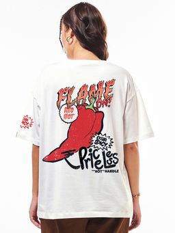Bewakoof - Women's White Flame Graphic Printed Oversized T-shirt