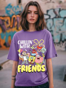 Bewakoof - Heavy Duty 1.0 SpongeBob Women's Paisley Purple Friends Graphic Printed Oversized T-shirt