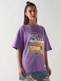 Bewakoof - Heavy Duty 1.0 Looney Tunes Women's Purple Beep Beep Graphic Printed Oversized T-shirt