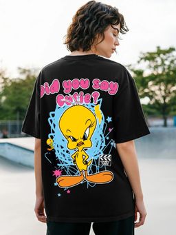Bewakoof - Official Looney Tunes Women's Jet Black Cutie Graphic Printed Oversized T-shirt