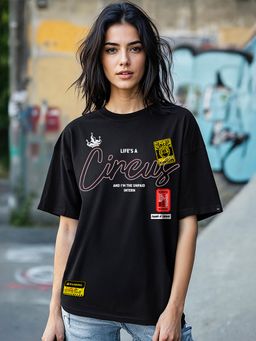 Bewakoof - Women's Jet Black Lifes A Circus Graphic Printed Oversized T-shirt