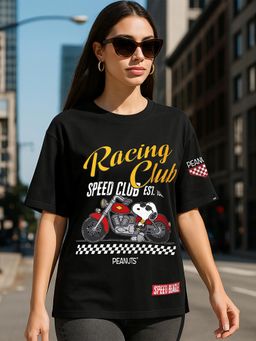 Bewakoof - Heavy Duty 1.0 Peanuts Women's Black Racing Club Graphic Printed Oversized T-shirt