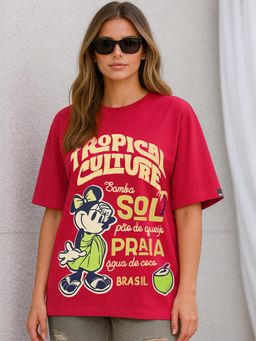 Bewakoof - Heavy Duty 1.0 Disney Women's Salsa Red Tropical Culture Graphic Printed Oversized T-shirt