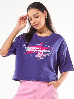 Bewakoof - Heavy Duty 1.0 Women's Skipper Blue Cosmic Connection Graphic Printed Oversized Short Top