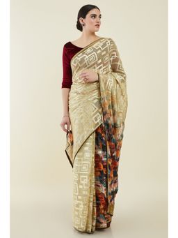 Soch - Beige Georgette Geometric & Abstract Saree Brasso Designs with Unstitched Blouse