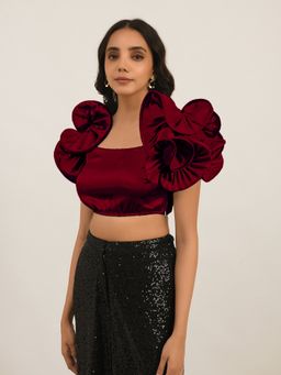 Attic Salt - Wine Solid Dramatic Sleeve Crop Top