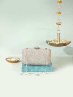 AMYRA - Multi Colour Chakori Pure Banarasi Silk Box Clutch with Detachable Sling