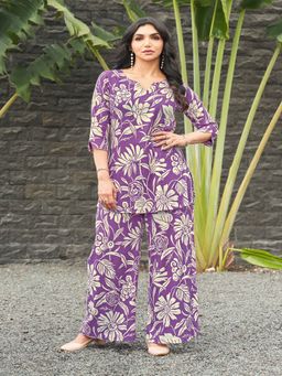 Gahan - Womens Trendy Floral Printed Purple Rayon Co-Ord Set
