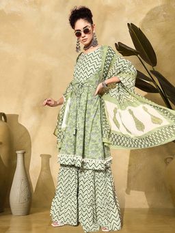 Gahan - Green Cotton Blend Floral Printed Kurta with Sharara & Dupatta
