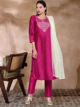 Gahan - Magenta South Cotton Embroidered Sequins Work Kurta with Pant & Dupatta