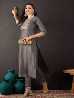 Gahan - Grey Silk Blend Straight Sequence Embroidered Kurta with Pant