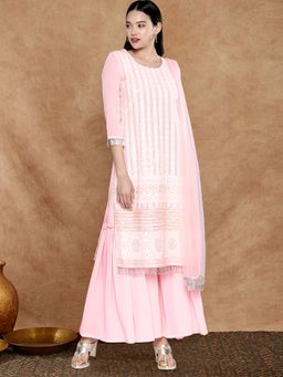 Gahan - Croal Pink Georgette Embroidered Fancy Tassel Kurta with Sharara & Dupatta