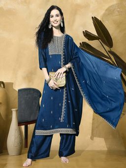 Gahan - Blue Silk Blend Zari Sequence Embroidered Kurta with Palazzo & Dupatta