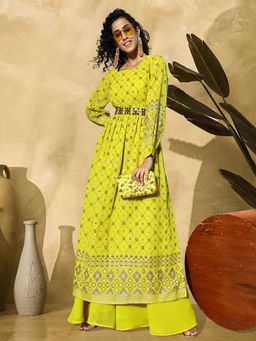 Gahan - Lemon Green Georgette Mirror Work Printed Flared Belted Kurta with Palazzo