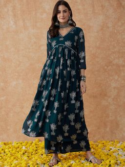 Gahan - Teal Poly Georgette Foil Printed Flared Kurta with Palazzo