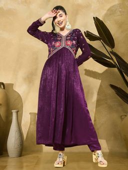 Gahan - Wine Fancy Velvet Zari Sequence Embroidery Pleated Kurta with Pant