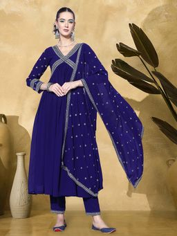 Gahan - Blue Zari Sequence Embroidered A Line Anarkali Kurta with Pant & Dupatta